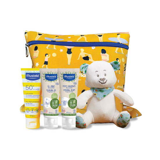 MUSTELA СЛЪНЦЕЗАЩИТЕН ПРОМО КОМПЛЕКТ Лосион SPF50+ 40мл +Органик измиващ гел 40мл +Органик хидратиращ крем 40мл +Несесер + MEЧЕ