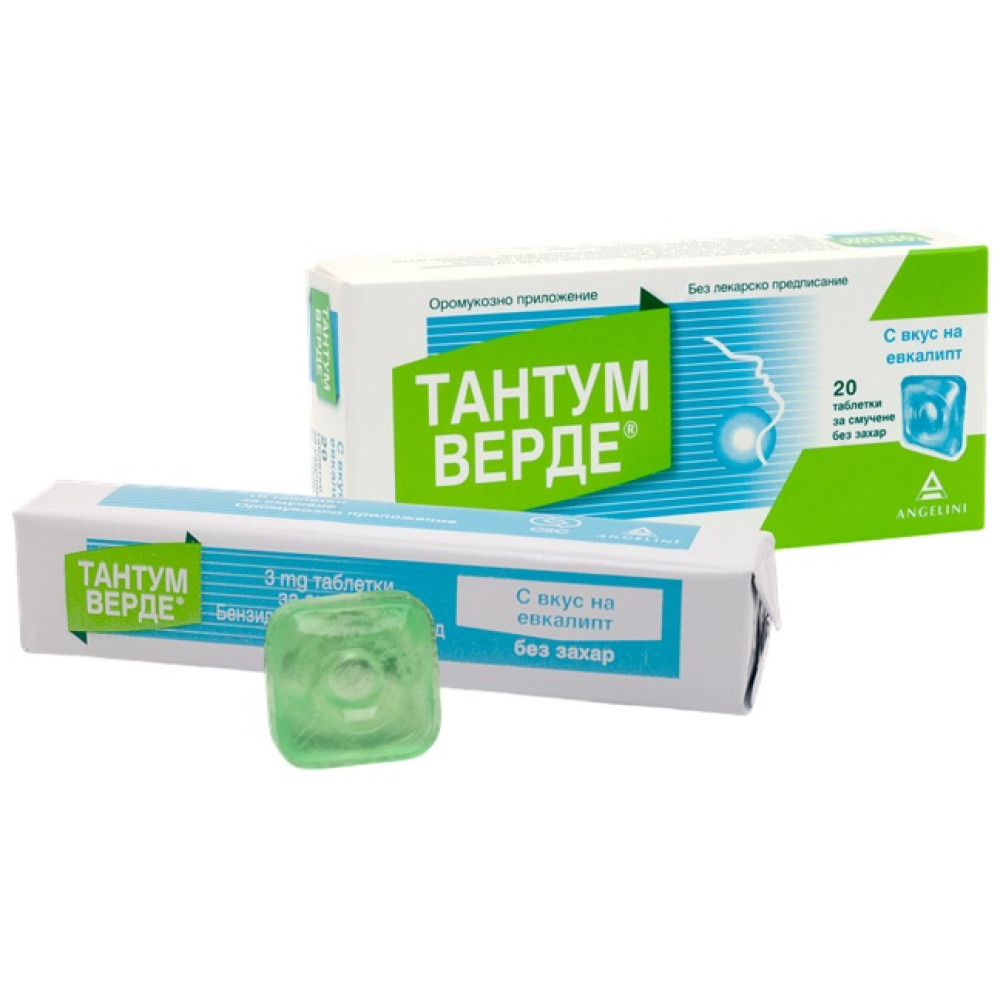 Тантум Верде при възпалено гърло и болки в устната кухина с вкус на евкалипт х 20 таблетки - Тантум Верде при възпалено гърло и болки в устната кухина с вкус на евкалипт х 20 таблетки -