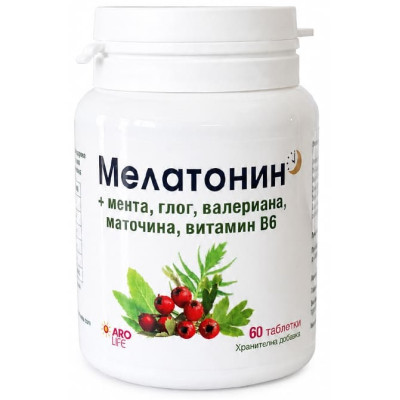 МЕЛАТОНИН + МЕНТА, ГЛОГ, ВАЛЕРИАНА, МАТОЧИНА, ВИТАМИН B6 табл х 60 бр АРО ЛАЙФ