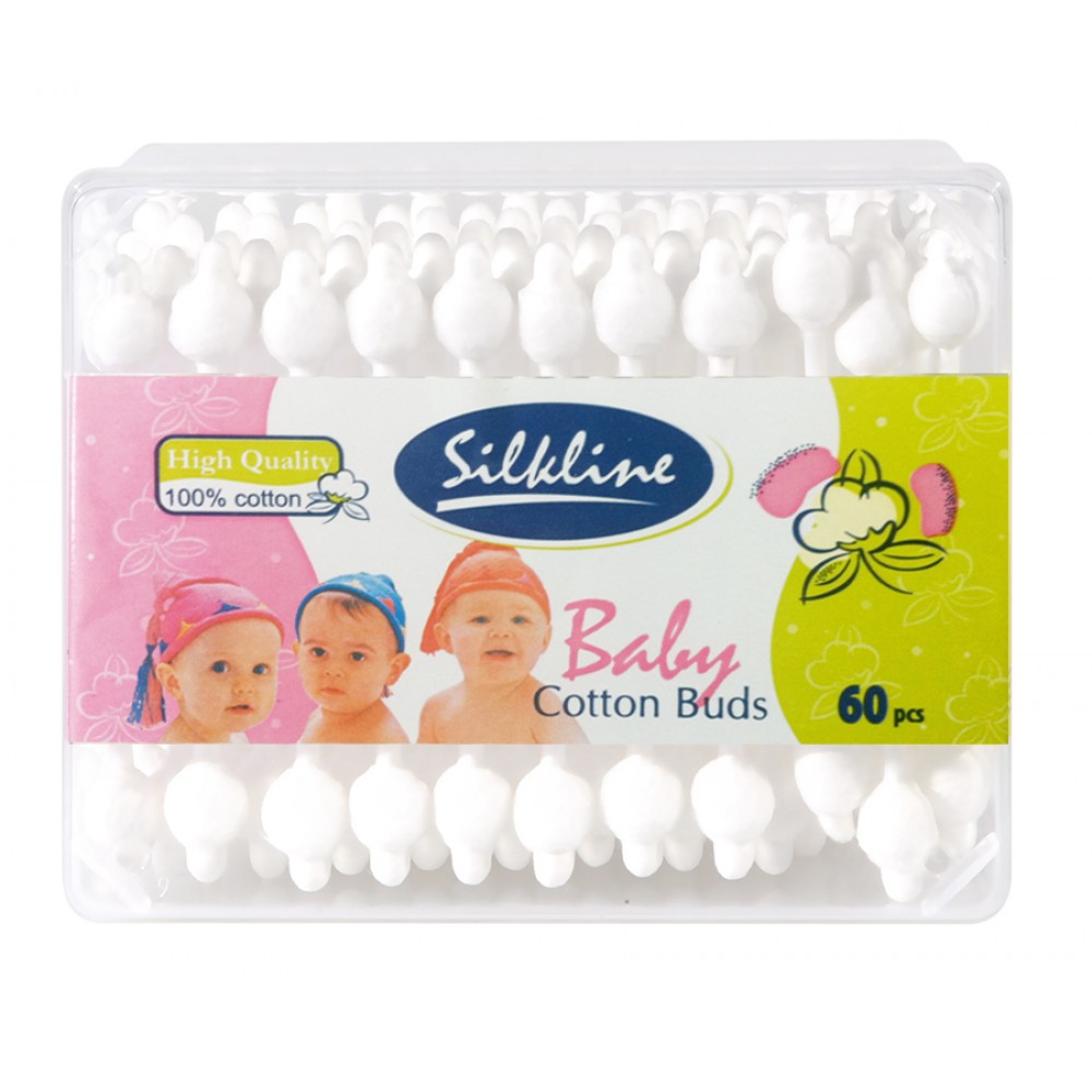 SILKLINE BABY памучни клечки за уши с хартиен стик, биоразградими х 60 бр /кутия/