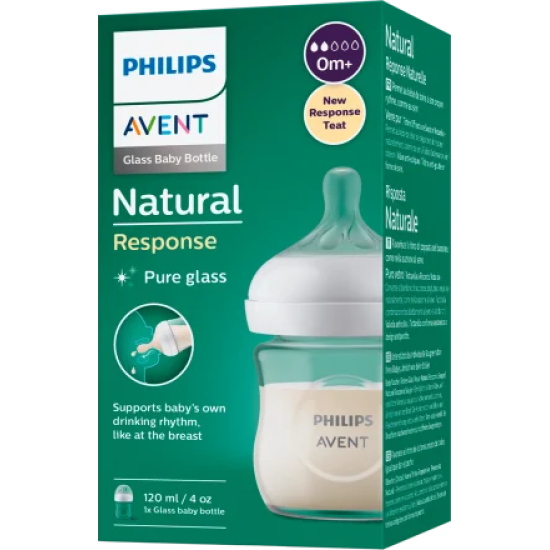 АВЕНТ NATURAL RESPONSE PURE GLASS стъклено шише за хранене с биберон 120 мл /0+ м/
