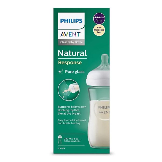 АВЕНТ NATURAL RESPONSE PURE GLASS стъклено шише за хранене с биберон 240 мл /1+ м/