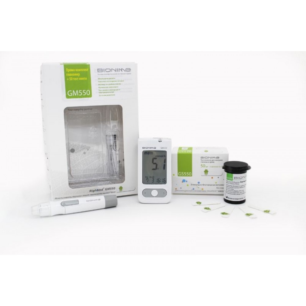 ГЛЮКОМЕР BIONIME GM550 + 100 бр тест ленти GM550 /подарък/ - Диагностични апарати