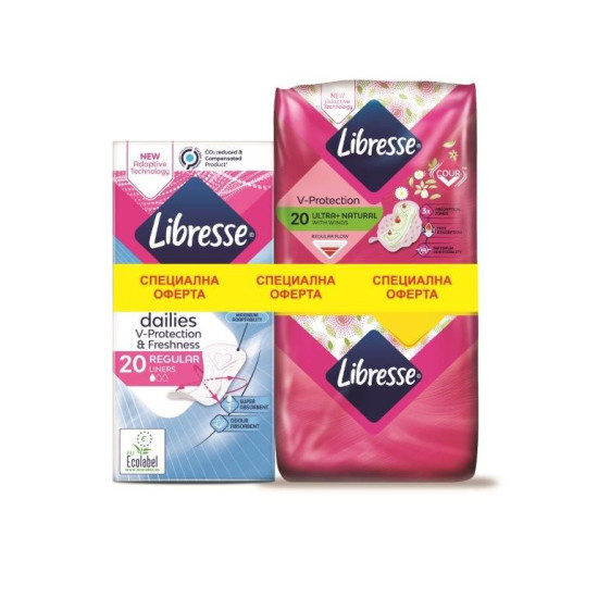 ДАМСКИ ПРЕВРЪЗКИ ЛИБРЕС ULTRA ПРОМО ПАКЕТ: Дамски превръзки Aloe Vera Duo 20 бр + Ежедневни превръзки Normal 20 бр