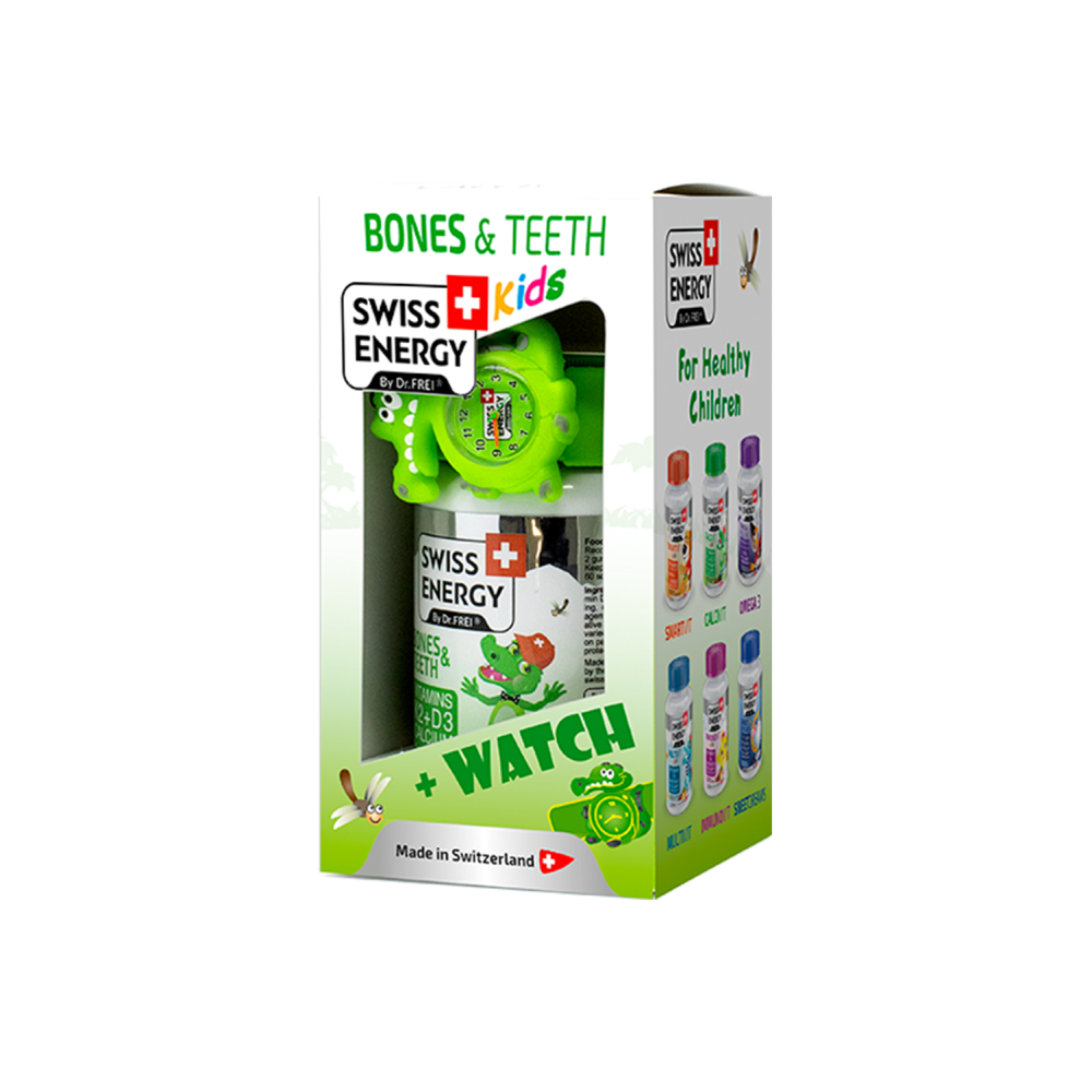 СУИС ЕНЕРДЖИ BONES & TEETH желирани детски витамини за здрави кости и зъби х 60 бр + ПОДАРЪК ЧАСОВНИК -