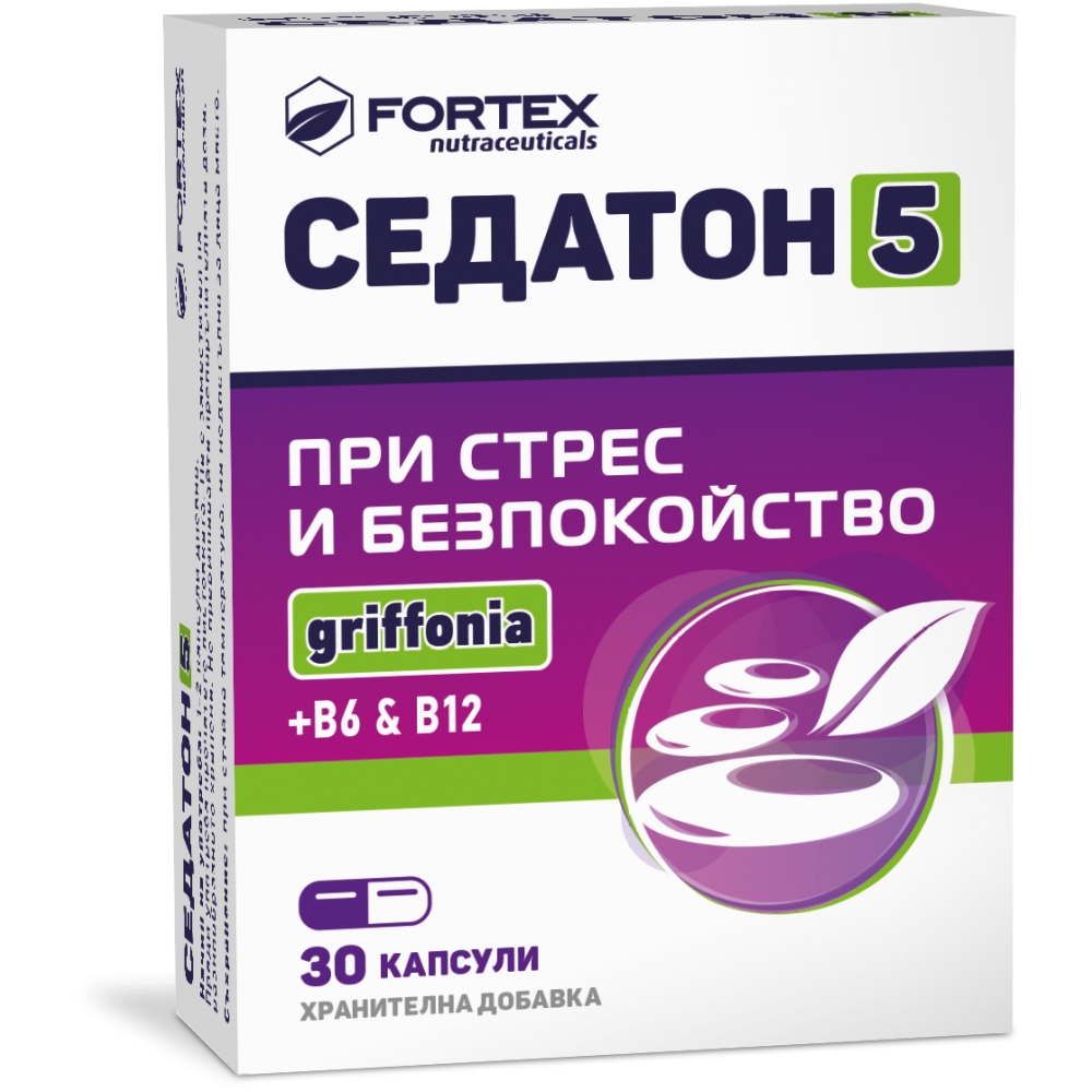 Седатон 5 с 5-HTP, витамин B6 и B12, при стрес и безпокойство, капсули х 30, Fortex -