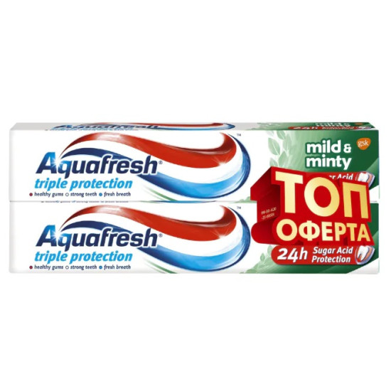 АКВАФРЕШ паста за зъби MILD&MINTY ТРОЙНА ЗАЩИТА 100 мл /зелена/ х 2 бр ПРОМО
