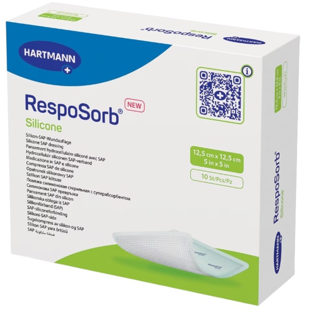 ХАРТМАН ПРЕВРЪЗКИ RESPOSORB SILICONE 12.5 х 12.5 см силиконови със SAP частици х 10 бр - Първа помощ
