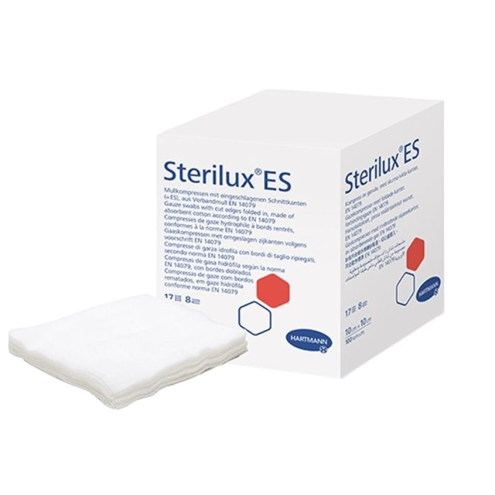 ХАРТМАН КОМПРЕСИ STERILUX ES стер. марлени 7.5 см/7.5 см 8 дипли 17 нишки /5 бр/ х 100 бр - Първа помощ