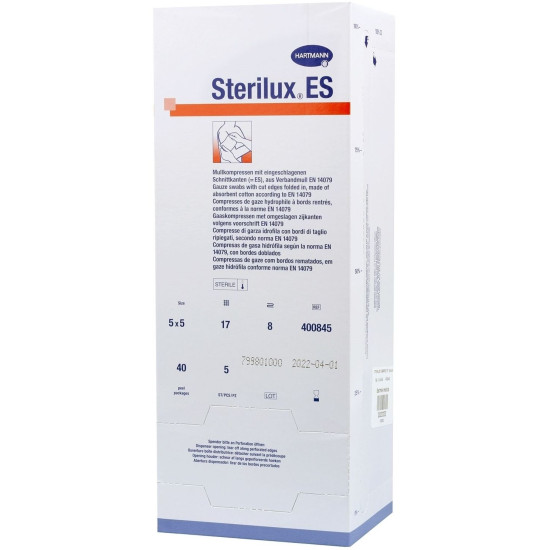 ХАРТМАН КОМПРЕСИ STERILUX ES стер. марлени 5 см/5 см 8 дипли 17 нишки /5 бр/ х 40 бр