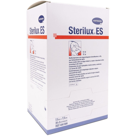 ХАРТМАН КОМПРЕСИ STERILUX ES стер. марлени 7.5 см/7.5 см 8 дипли 17 нишки /5 бр/ х 30 бр