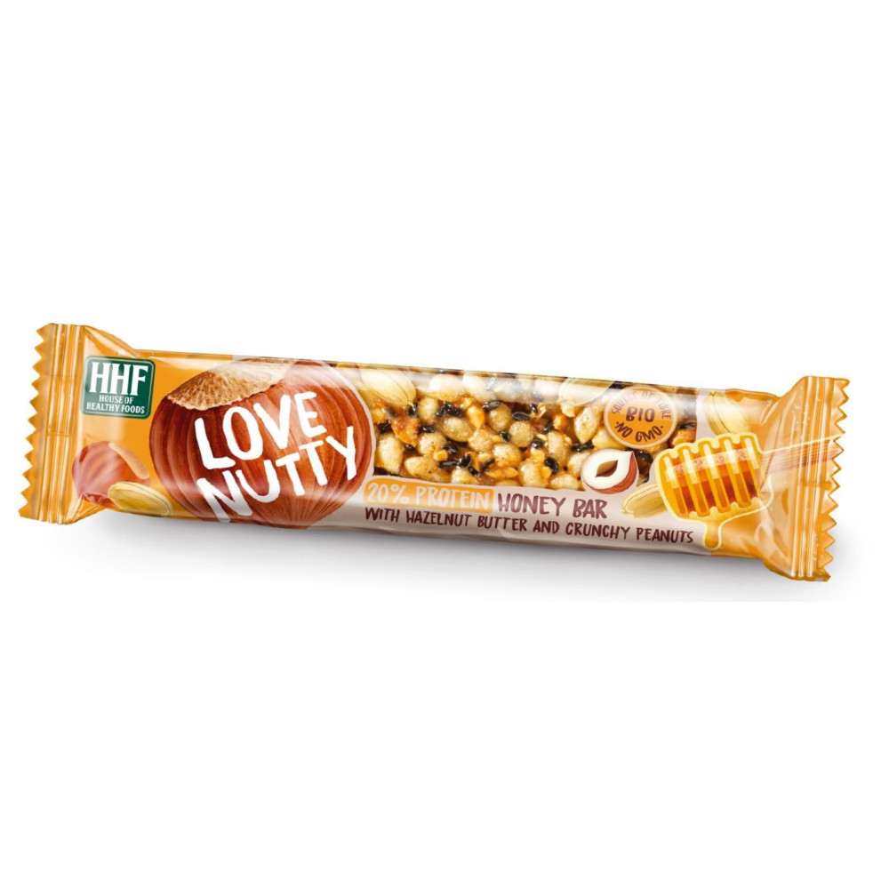 LOVE NUTTY 20% Protein Honey Bar Био барче с мед, лешников тахан и фъстък 20% протеин 40 г х 1 бр - Храни