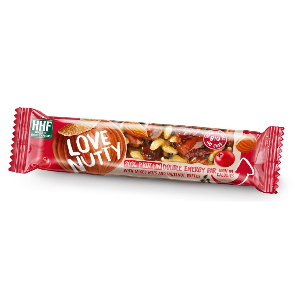 LOVE NUTTY 20% Protein Double Energy Bar Био енергийно барче с ядки, лешников тахан 20% протеин 40 г х 1 бр - Храни