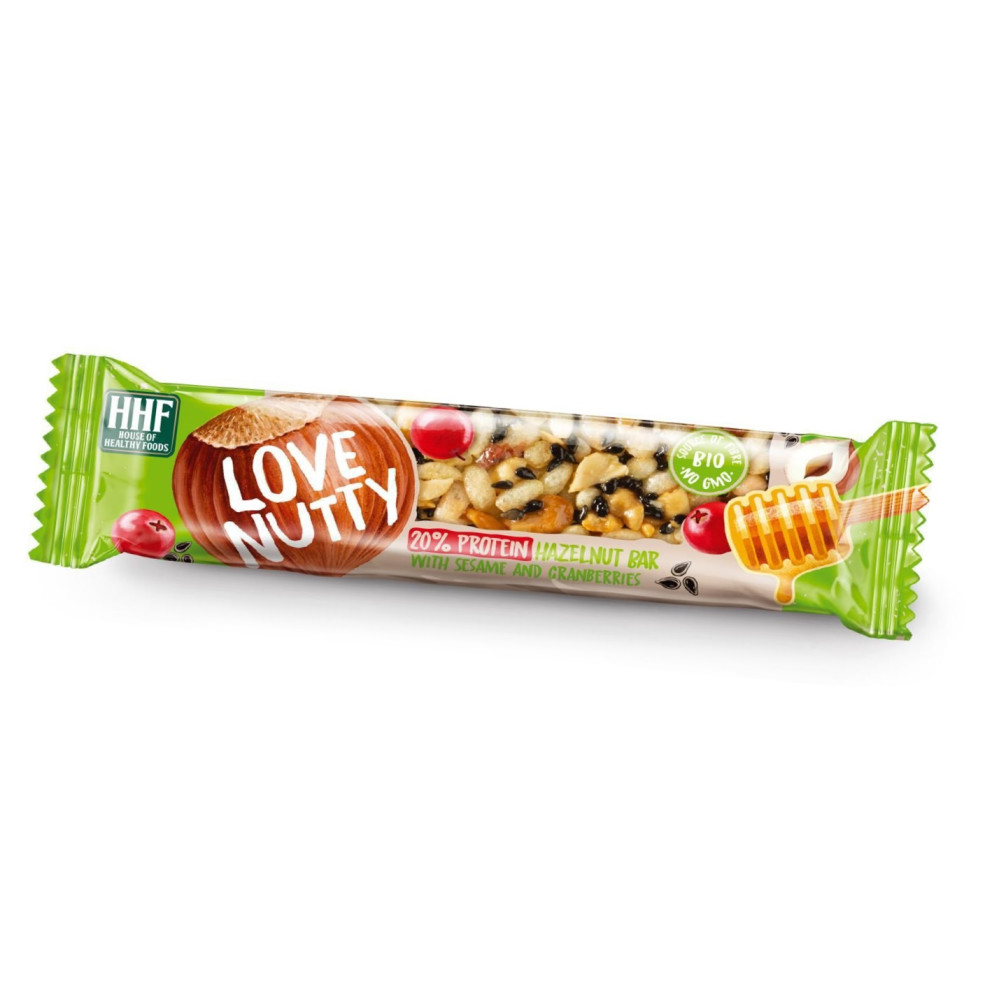 LOVE NUTTY 20% Protein Hazelnut Bar Био барче с лешник, сусам, червена боровинка 20% протеин 40 г х 1 бр - Храни