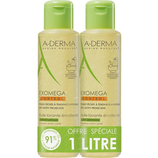 A-DERMA EXOMEGA CONTROL DUO EMOLLIENT SHOWER OIL емолиентно душ олио за лице и тяло за суха и атопична кожа 2 х 500 мл