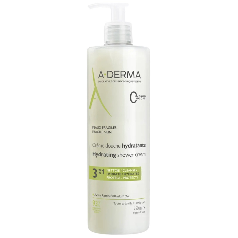 A-DERMA HYDRATING SHOWER CREAM 3 в 1 хидратиращ душ крем за лице коса и тяло за уязвима кожа за цялото семейство 750 мл - Грижа за лицето и тялото