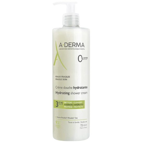 A-DERMA HYDRATING SHOWER CREAM 3 в 1 хидратиращ душ крем за лице коса и тяло за уязвима кожа за цялото семейство 750 мл