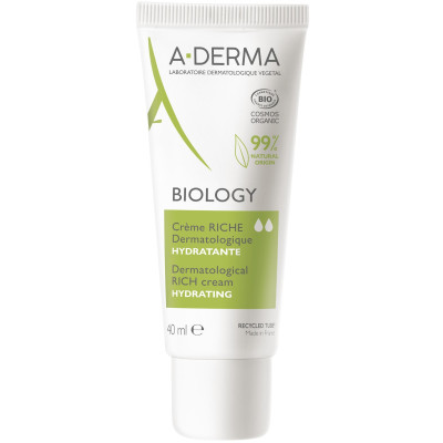 A-DERMA BIOLOGY DERMATOLOGICAL RICH CREAM HYDRATING богат хидратиращ дерматологичен крем за лице за суха и уязвима кожа 40 мл