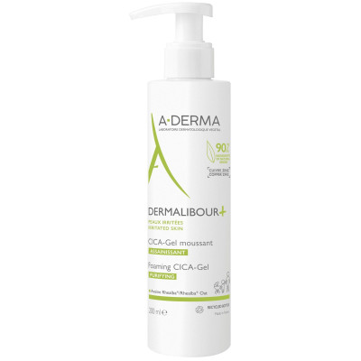 A-DERMA DERMALIBOUR+ FOAMING CICA GEL успокояващ почистващ пенещ се гел за раздразнена атопична кожа на лицето и тялото 200 мл