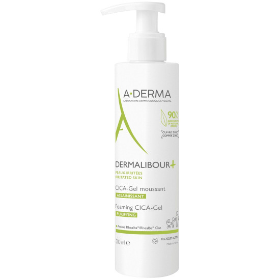 A-DERMA DERMALIBOUR+ FOAMING CICA GEL успокояващ почистващ пенещ се гел за раздразнена атопична кожа на лицето и тялото 200 мл