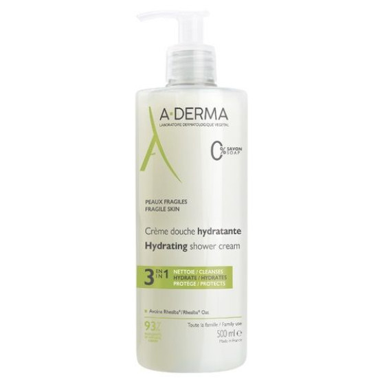 A-DERMA HYDRATING SHOWER CREAM 3 в 1 хидратиращ душ крем за лице коса и тяло за уязвима кожа за цялото семейство 500 мл