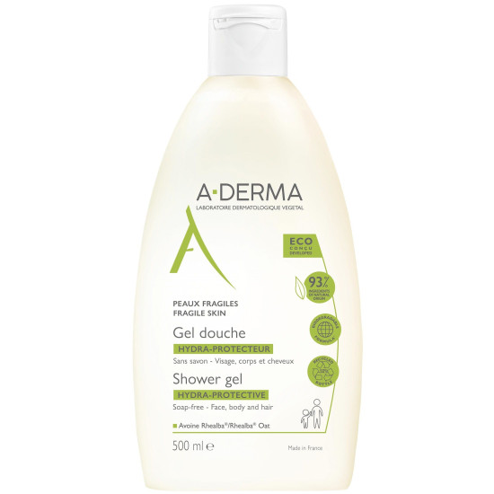 A-DERMA HYDRA-PROTECTIVE SHOWER GEL хидратиращ защитен пенлив почистващ гел за лице коса и тяло за уязвима кожа 500 мл