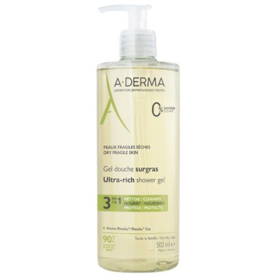 A-DERMA ULTRA-RICH SHOWER GEL свръхобогатен пенлив душ гел за лице и тяло за суха и уязвима кожа с дозатор 500 мл