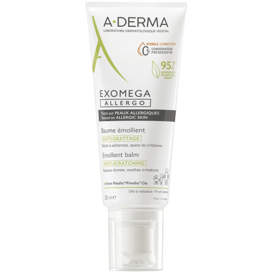 A-DERMA EXOMEGA ALLERGO ЕMOLLIENT BALM емолиентен балсам за суха кожа склонна към атопия за лице клепачи и тяло 200 мл