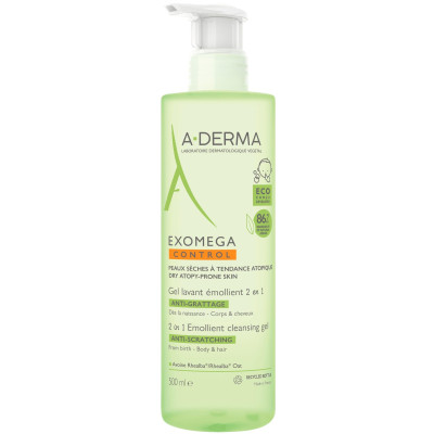 A-DERMA EXOMEGA CONTROL 2in1 CLEANSING GEL емолиентен почистващ гел за суха и атопична кожа за лице коса и тяло 500 мл