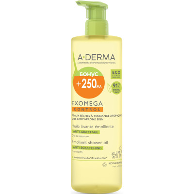 A-DERMA EXOMEGA CONTROL EMOLLIENT SHOWER OIL емолиентно душ олио с дозатор за лице и тяло за суха и атопична кожа 750 мл