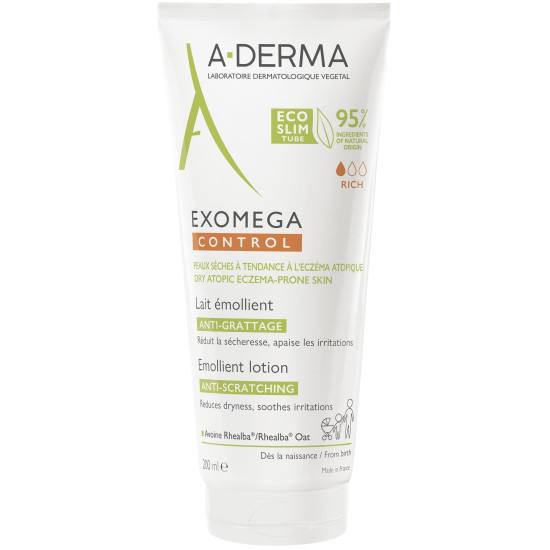 A-DERMA EXOMEGA CONTROL EMOLLIENT LOTION емолиентно мляко против разчесване за лице и тяло за суха и атопична кожа 200 мл