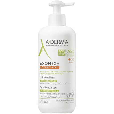 A-DERMA EXOMEGA CONTROL EMOLLIENT LOTION емолиентно мляко против разчесване за лице и тяло за суха и атопична кожа ДОЗАТОР 400мл