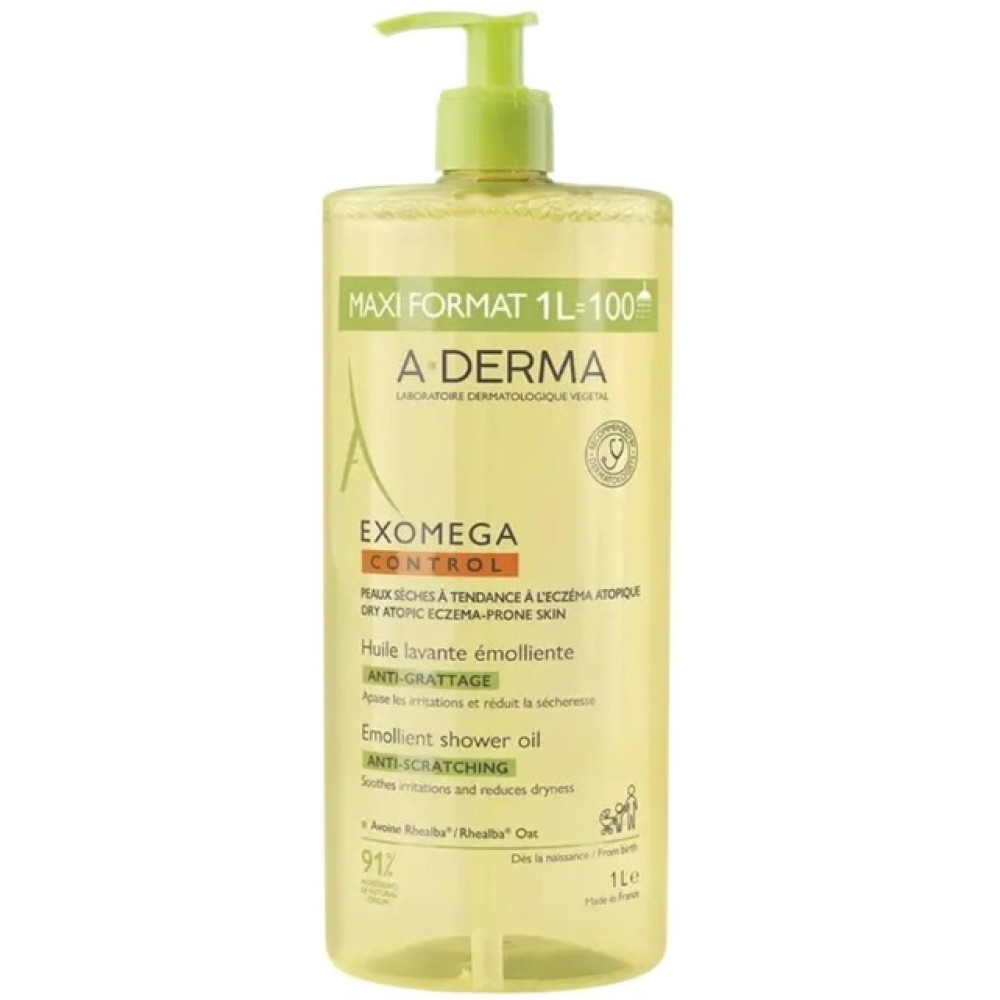 A-DERMA EXOMEGA CONTROL EMOLLIENT SHOWER OIL емолиентно душ олио за лице и тяло за суха и атопична кожа 1 л - Грижа за лицето и тялото