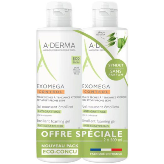 A-DERMA EXOMEGA CONTROL DUO КОМПЛЕКТ емолиентен ПЕНЕЩ СЕ ГЕЛ за суха и атопична кожа за лице и тяло 2 х 500 мл