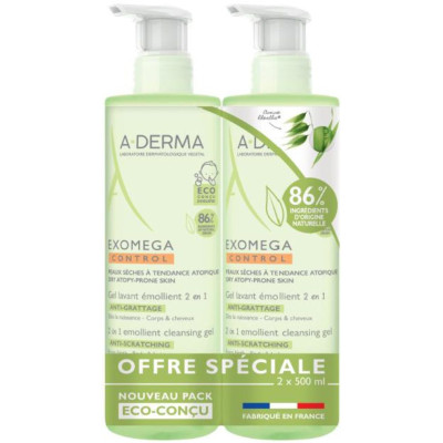 A-DERMA EXOMEGA CONTROL DUO КОМПЛЕКТ емолиентен почистващ гел 2в1 за коса и тяло 2 х 500 мл