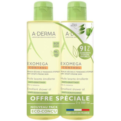 A-DERMA EXOMEGA CONTROL DUO EMOLLIENT SHOWER OIL емолиентно душ олио за лице и тяло за суха и атопична кожа 2 х 500 мл с помпа