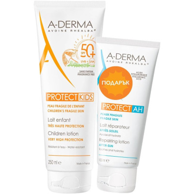 A-DERMA PROTECT КОМПЛЕКТ KIDS SPF50+ слънцезащитно мляко за деца за лице и тяло 250 мл + PROTECT AH лосион за след слънце 100 мл