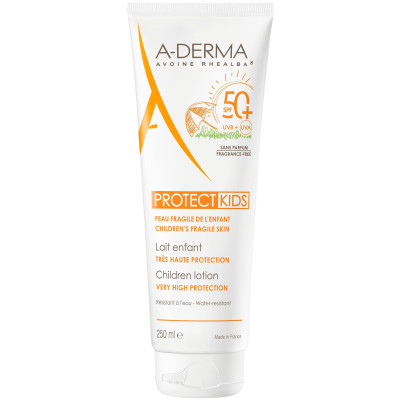 A-DERMA PROTECT KIDS SPF50+ водоустойчиво слънцезащитно мляко за деца за лице и тяло за уязвима кожа 250 мл