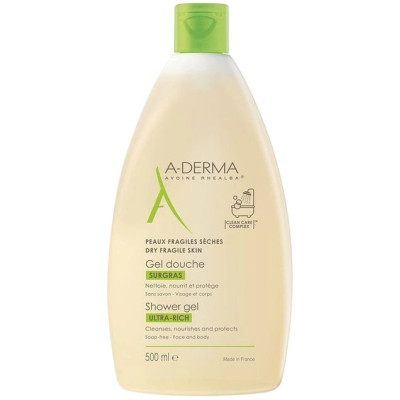 A-DERMA ULTRA-RICH SHOWER GEL свръхобогатен пенлив душ гел за лице и тяло за суха и уязвима кожа 500 мл