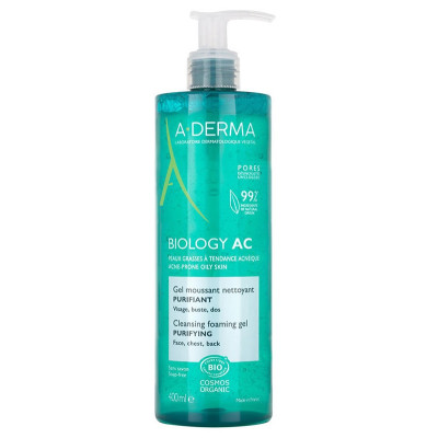 A-DERMA BIOLOGY AC CLEANSING FOAMING GEL PURIFYING почистващ пенещ се гел за лице и тяло за мазна кожа склонна към акне 400 мл