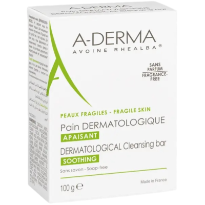 A-DERMA SOOTHING DERMATOLOGICAL CLEANSING BAR успокояващ дерматологичен сапун за лице и тяло за уязвима кожа 100 г