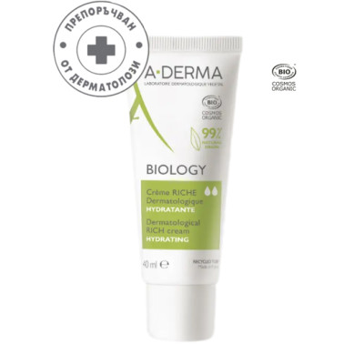 А-ДЕРМА BIOLOGY DERMATOLOGICAL RICH CREAM HYDRATING дерматологичен богат хидратиращ крем за лице 40 мл