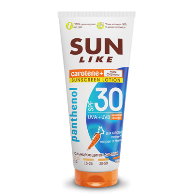 СЪН ЛАЙК CAROTENE PANTHENOL SPF30 UVA + UVB слънцезащитен лосион за тяло с пантенол 150 мл