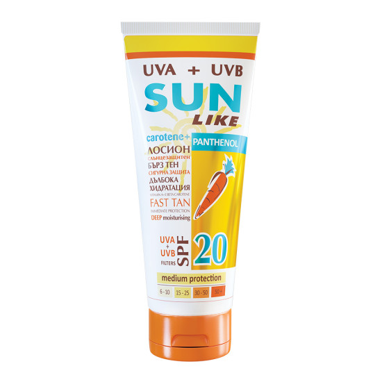 СЪН ЛАЙК CAROTENE PANTHENOL SPF20 UVA + UVB слънцезащитен лосион за тяло с пантенол 200 мл