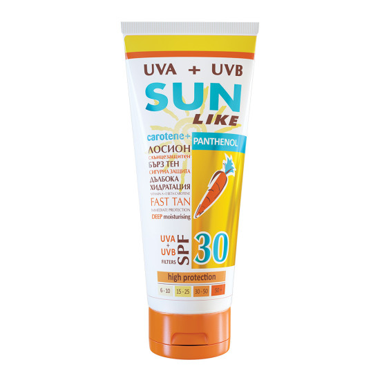 ᐉ СЪН ЛАЙК CAROTENE PANTHENOL SPF30 UVA + UVB слънцезащитен лосион за тяло с пантенол 200 мл