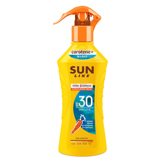 ᐉ СЪН ЛАЙК CAROTENE+ BODY MILK SPF30 UVA+UVB слънцезащитно мляко за тяло спрей 200 мл