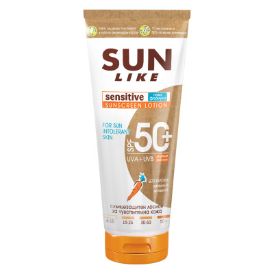 СЪН ЛАЙК SENSITIVE SPF50+ UVA+UVB хидратиращ слънцезащитен лосион за тяло за чувствителна кожа еко туба 200 мл