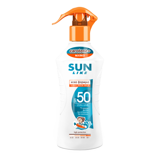 СЪН ЛАЙК KIDS CAROTENE+ SPF50 слънцезащитно мляко-лосион за тяло спрей 150 мл