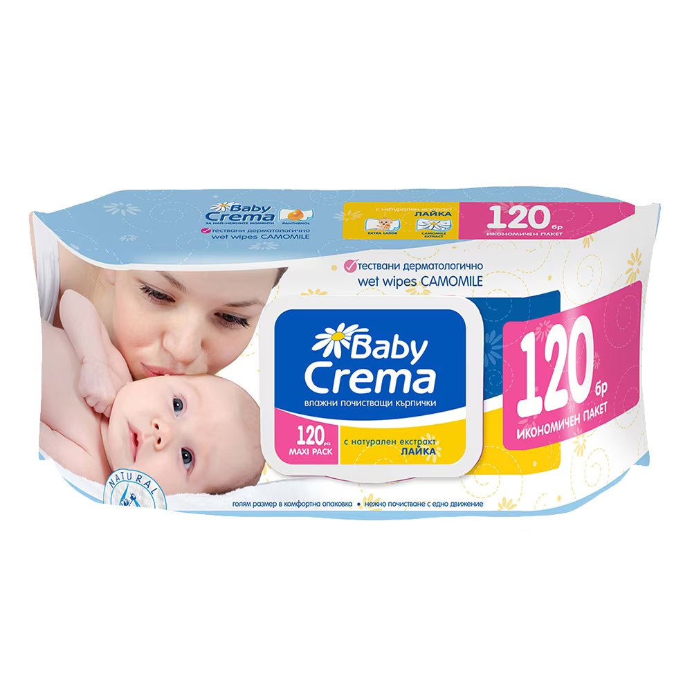 BABY CREMA мокри кърпички с екстракт от лайка х 120 бр /с капак/ - Бебешка и детска козметика