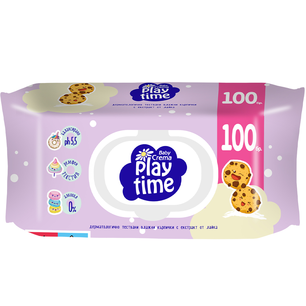 BABY CREMA PLAY TIME мокри кърпички с екстракт от лайка, розови х 100 бр /с капак/ - Бебешка и детска козметика